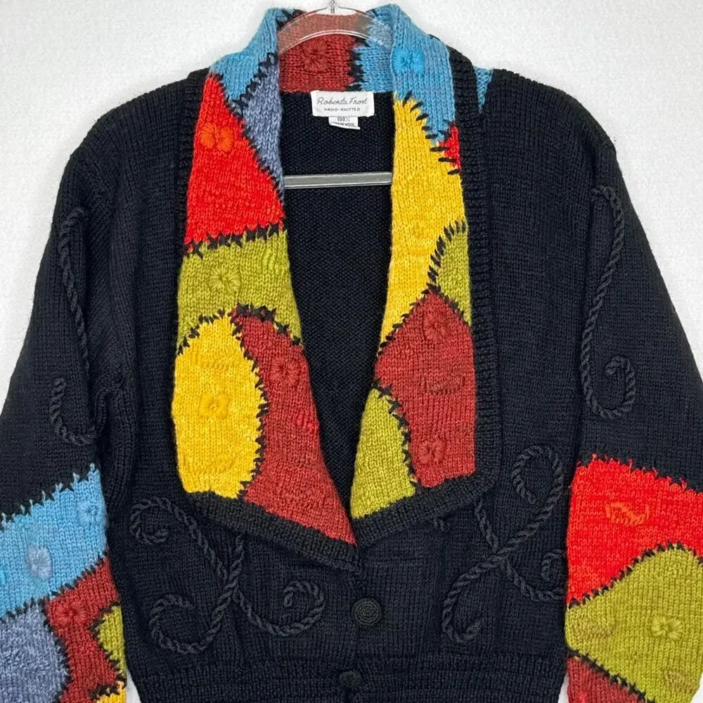 1990s Roberta Frost Hand Knit Wool Cardigan Uruguay Oversized Small
